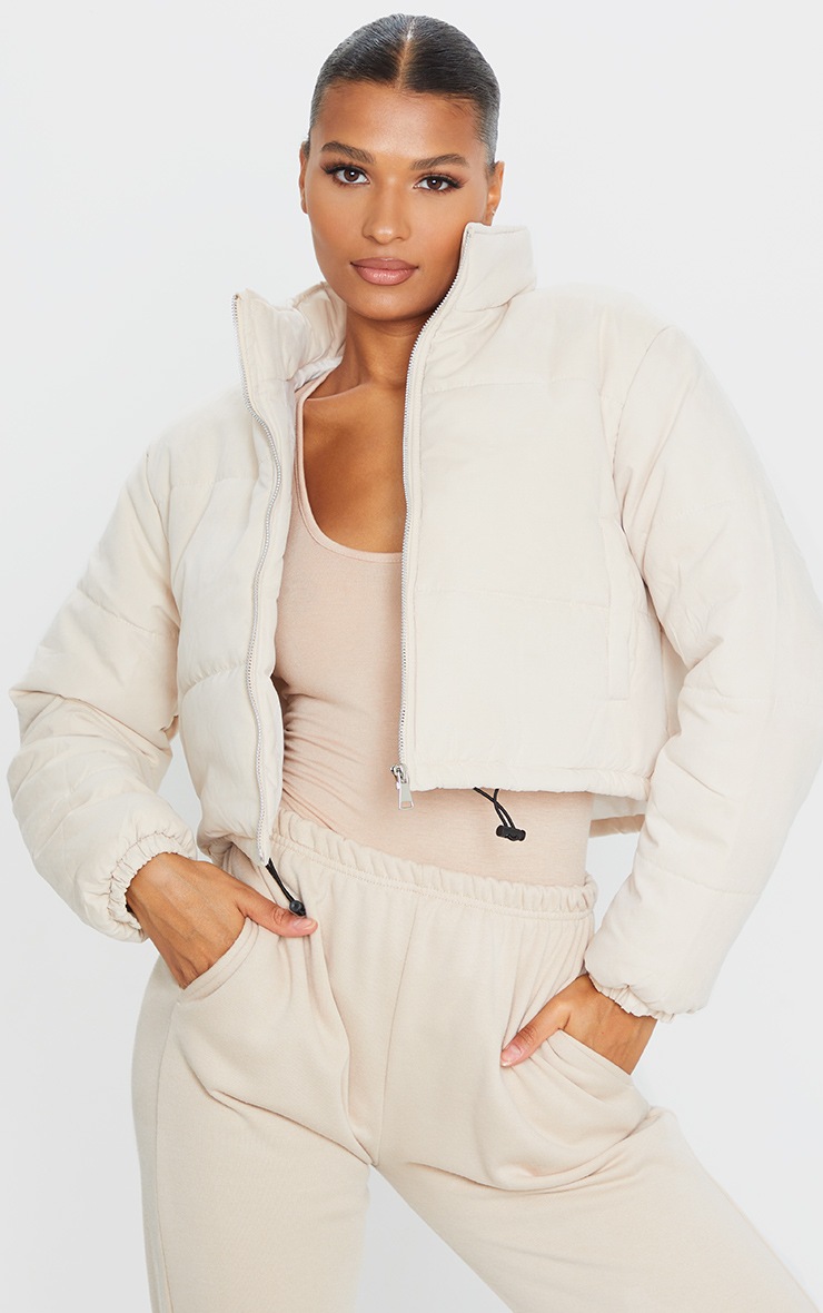 Beige Peach Skin Cropped Puffer Jacket