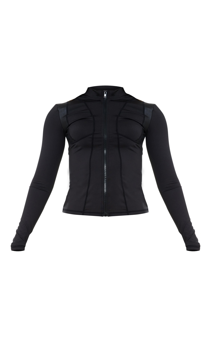 PRETTYLITTETHING Veste de sport noire manches sport imprimé à zip et coutures contrastantes image 5