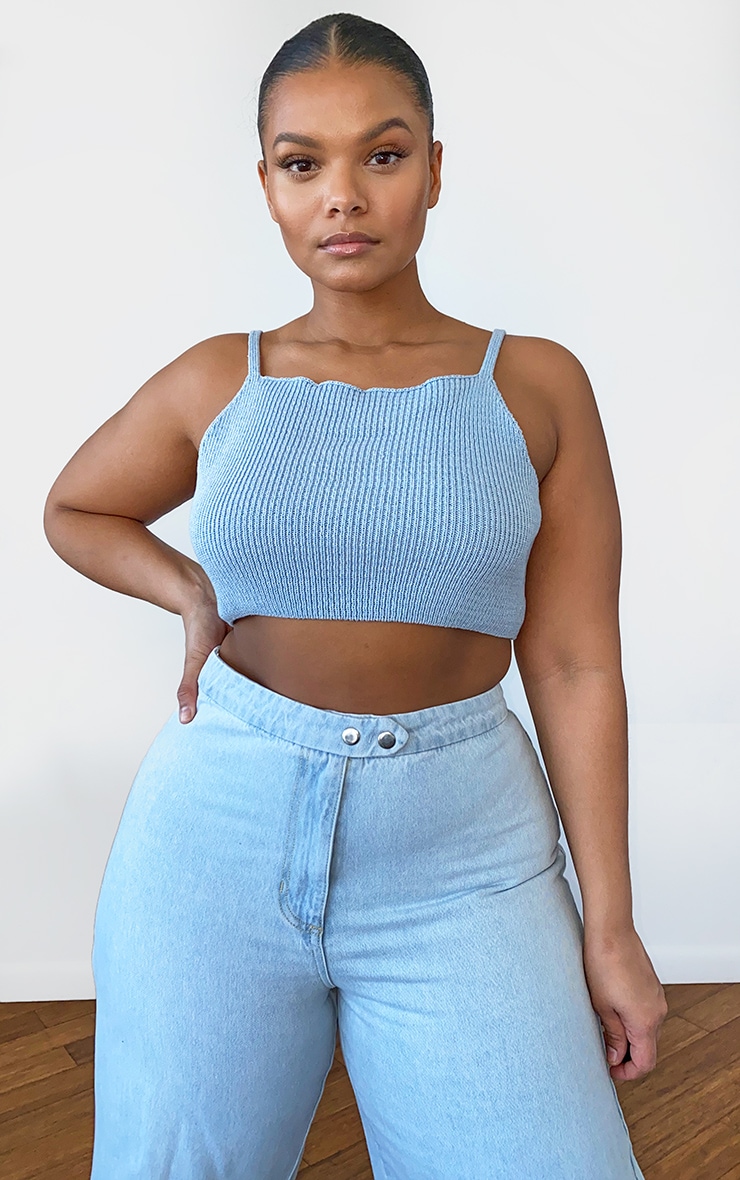 Plus Dusty Blue Knit Strappy High Neck Crop Top image 3