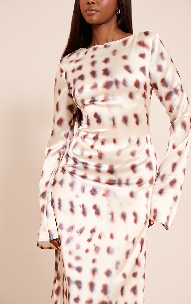 Stone Blurred Printed Satin Flute Sleeve Maxi Dress image 4