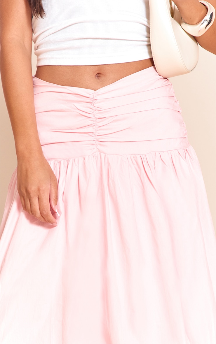 Pink Cotton Poplin Ruched Dropped Waist Maxi Skirt image 4