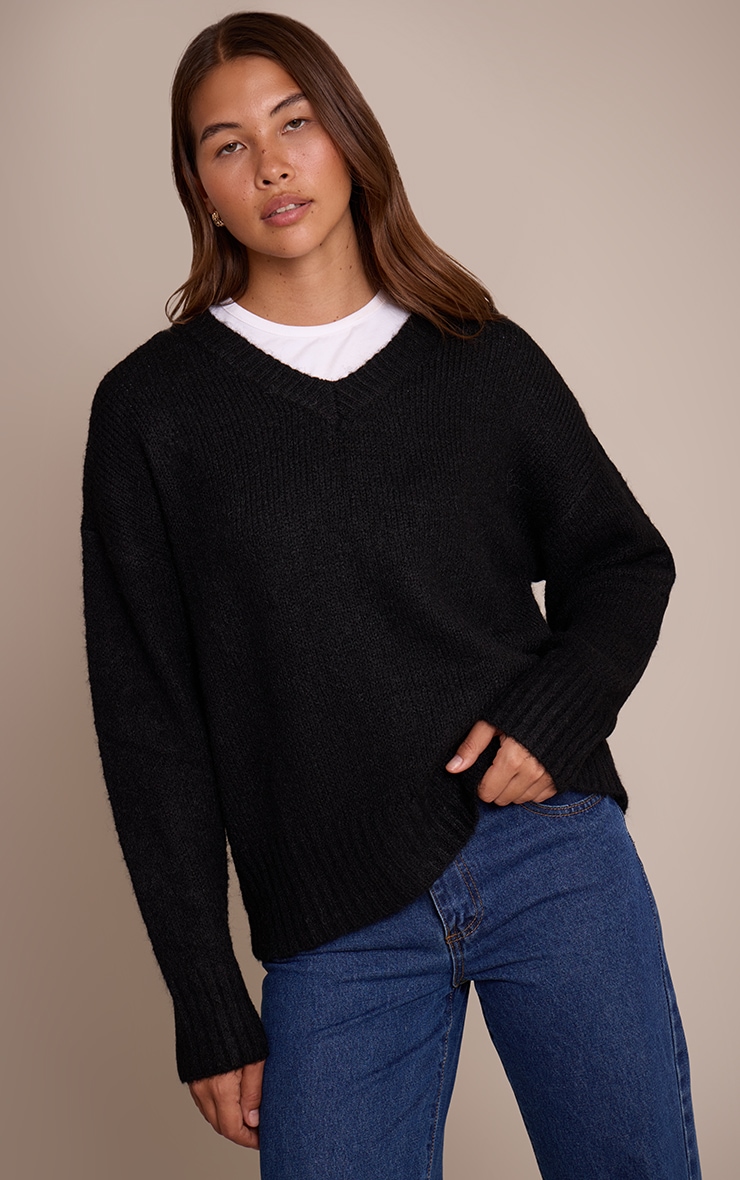 Black V Neck Rib Detail Jumper image 1