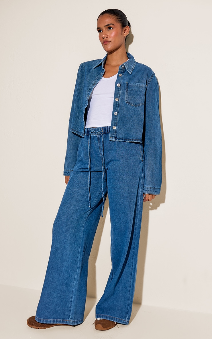 Mid Blue Relaxed Tie Waistband Wide Leg Jeans image 2