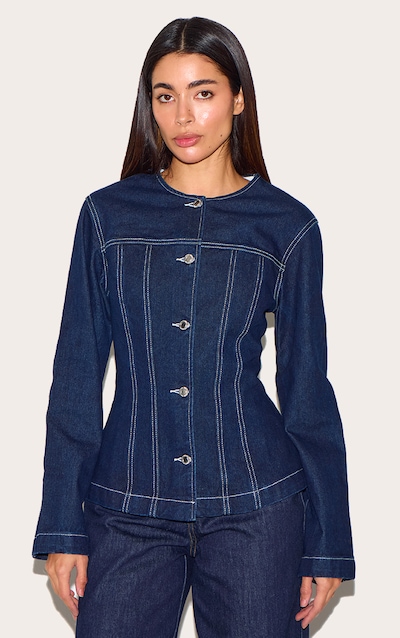 Veste cintrée en jean indigo à col rond et manches longues
