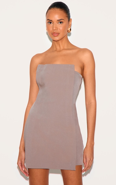 Mini robe bustier tissée gris champignon à partie superposée