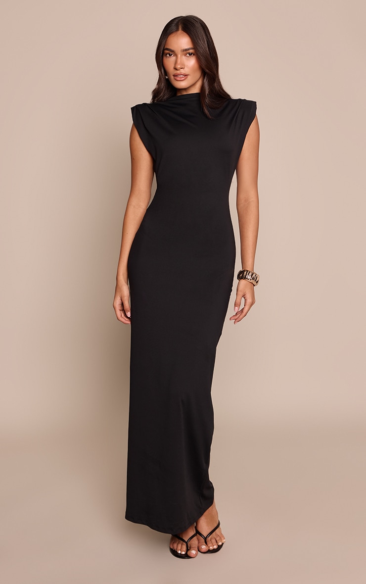 Black Soft Jersey Shoulder Pad Bodycon Maxi
