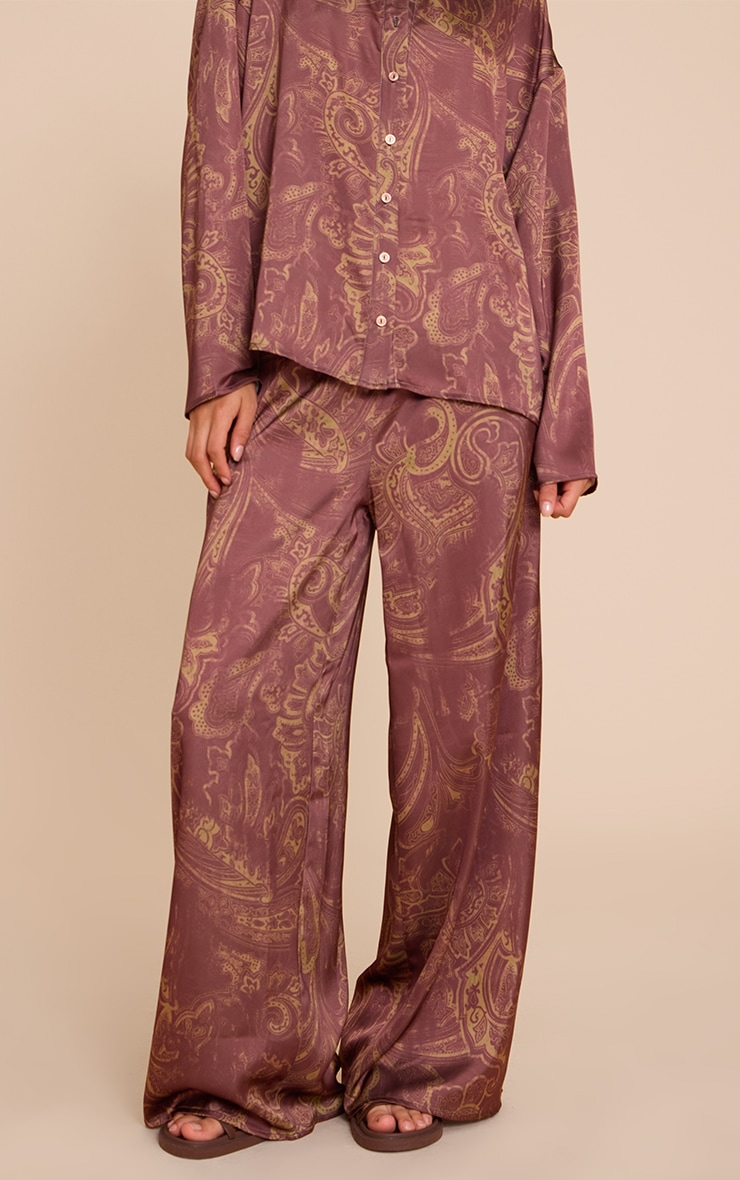 Brown Paisley Printed Satin Wide Leg Pants image 2