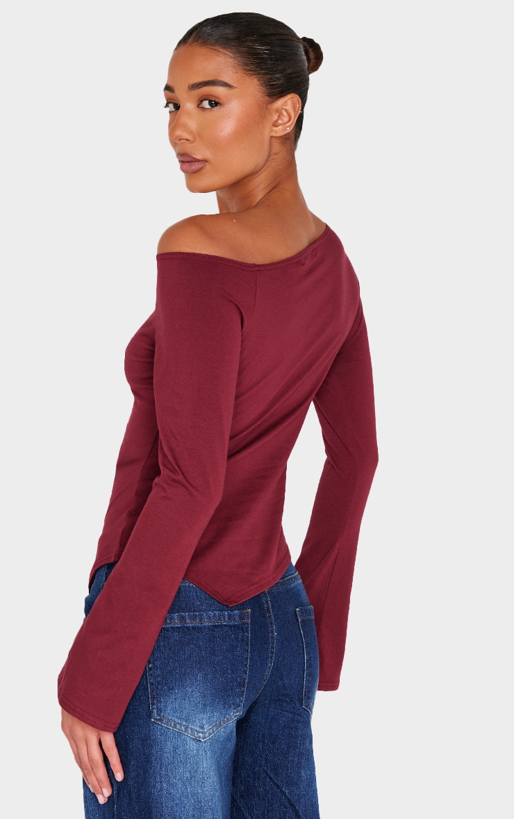 Burgundy Cotton Ruched Side Long Sleeve Top image 2