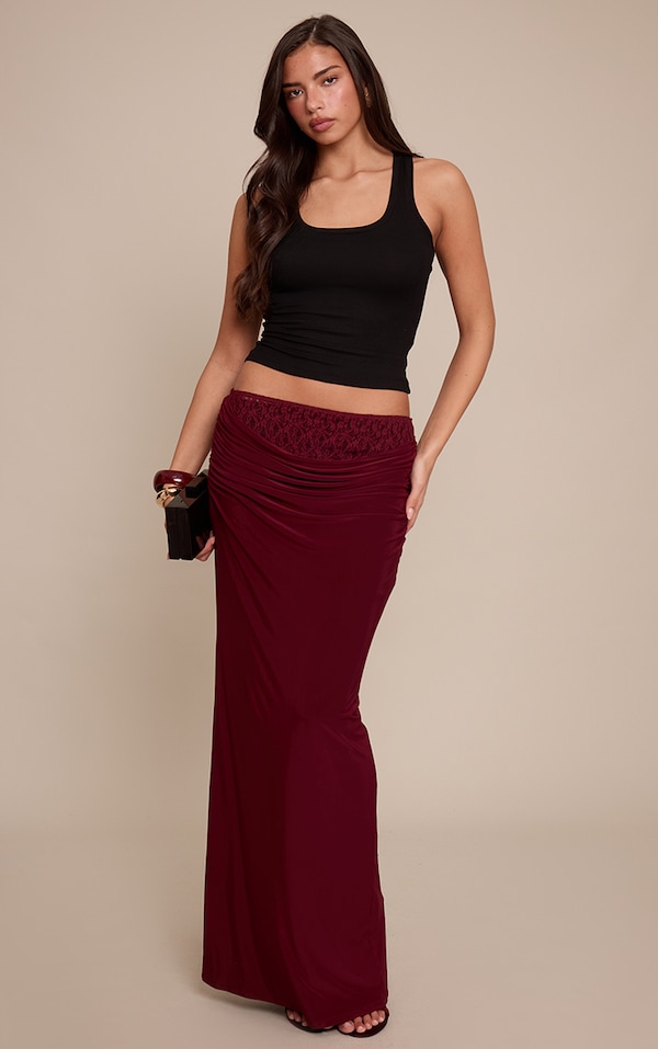 Plum Lace Underlay Double Slinky Cowl Maxi Skirt