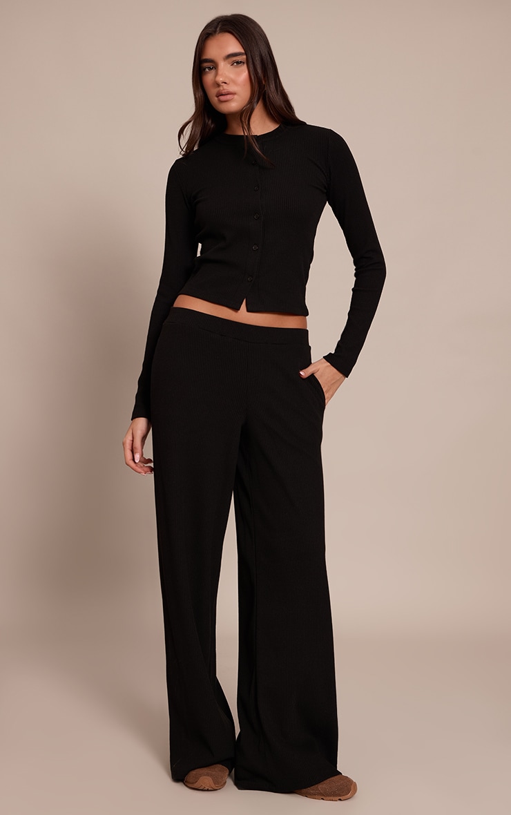 Black Rib Long Sleeve Button Up Fitted Cardigan  image 3