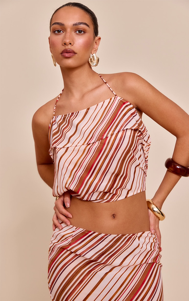 Rust Chiffon Striped Halterneck Strappy Top image 1