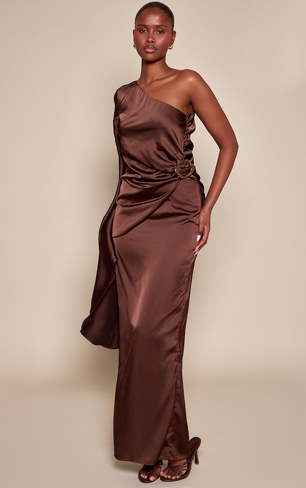 Dark Brown Satin Fluted Maxi Skirt