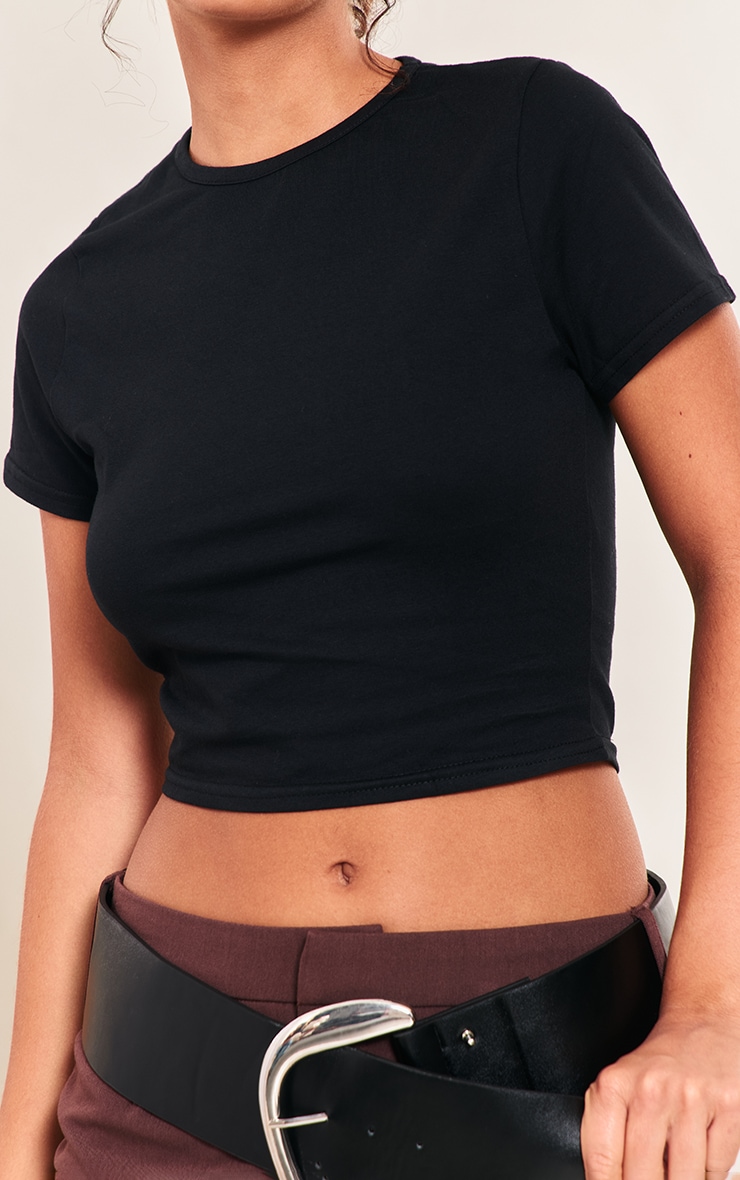 Black Cotton Crew Neck Cropped Short Sleeve T-shirt image 4