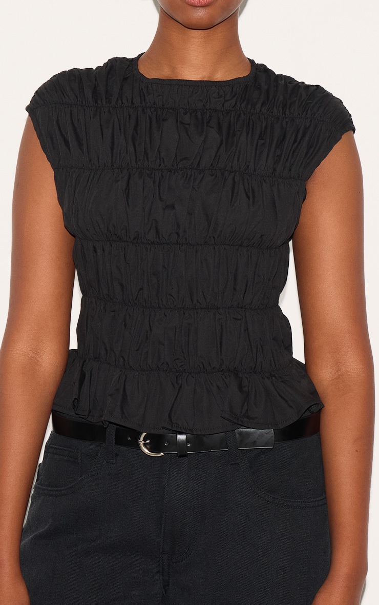 Black Shirred Boatneck Fitted Top image 4