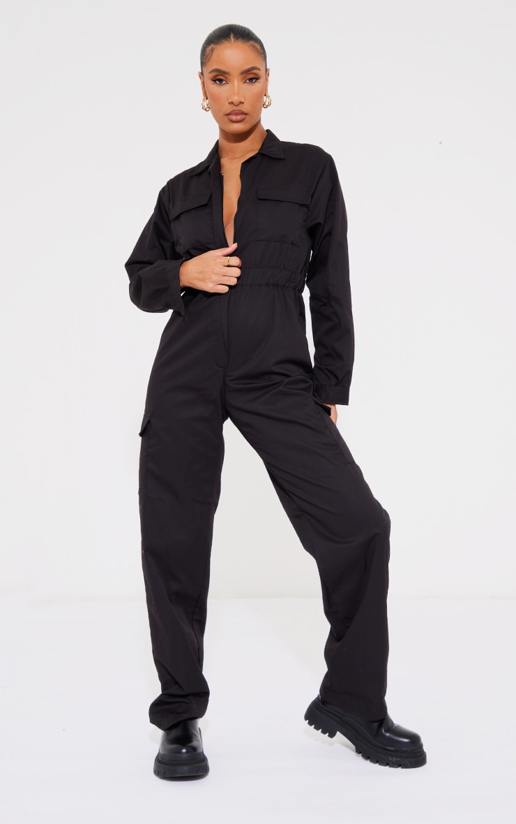 Black Zip Front Long Sleeve Cargo Jumpsuit PrettyLittleThing UAE