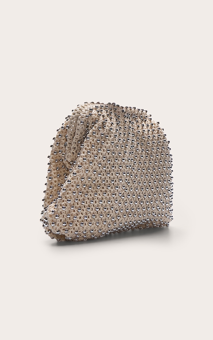 Cream Crochet Silver Studded Clutch Bag image 3