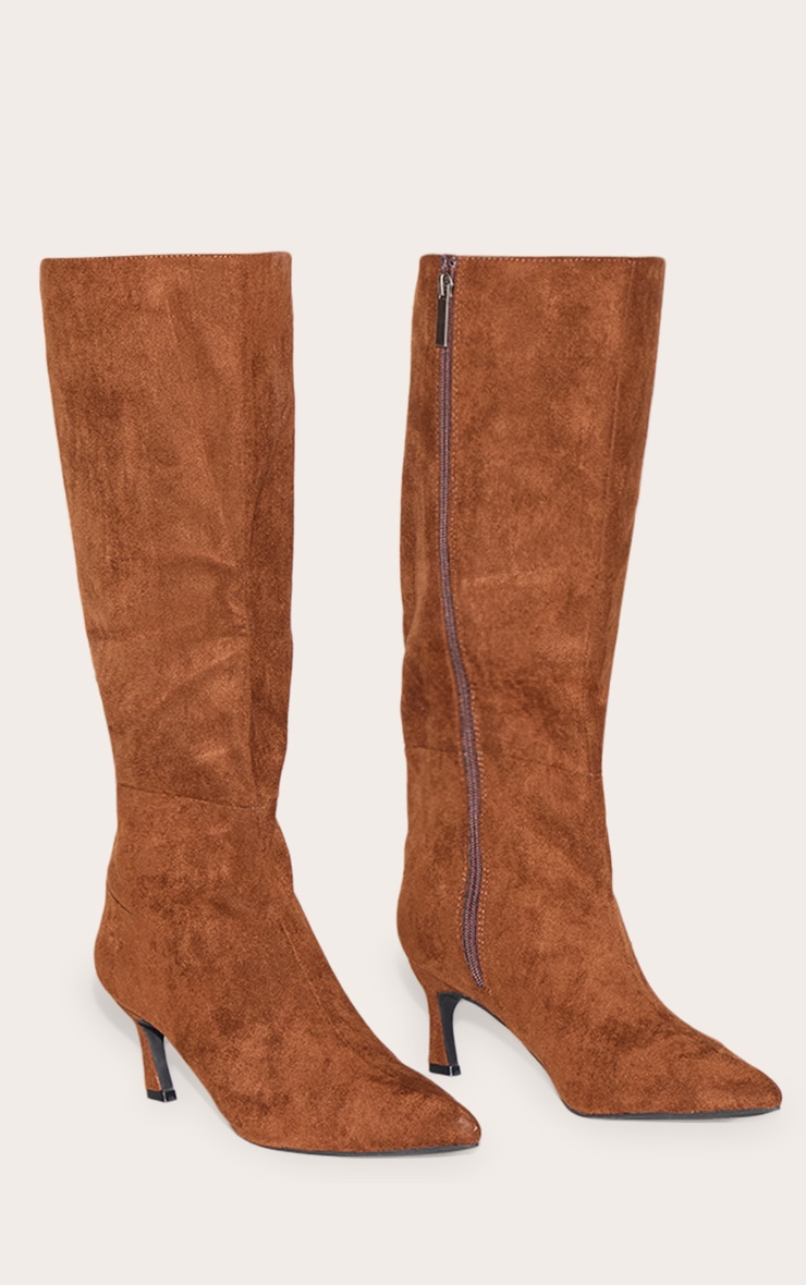 Chocolate Faux Suede Point Toe Mid Heeled Knee High Boots image 2