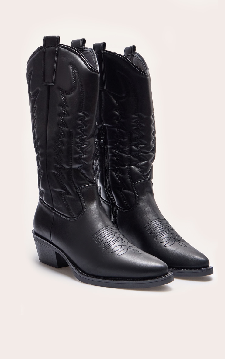 Black Faux Leather Knee High Western Boots image 2