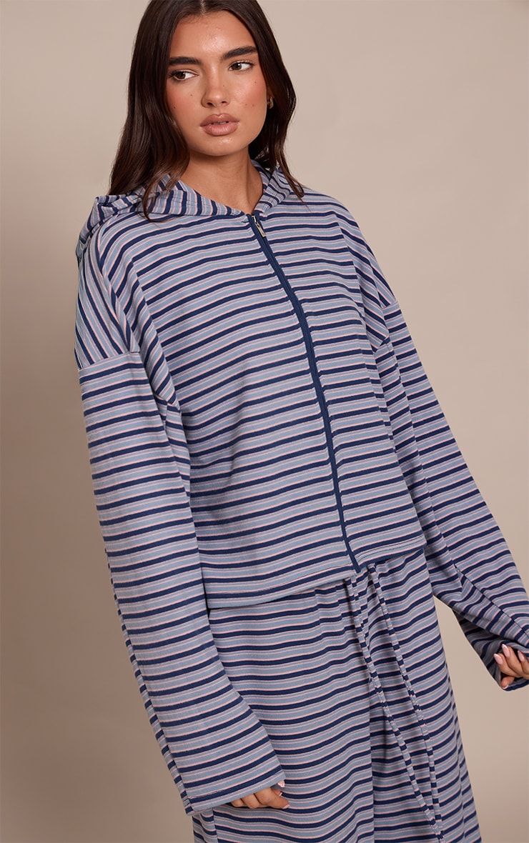 Navy Striped Soft Fleece Zip Up Hoodie image 1