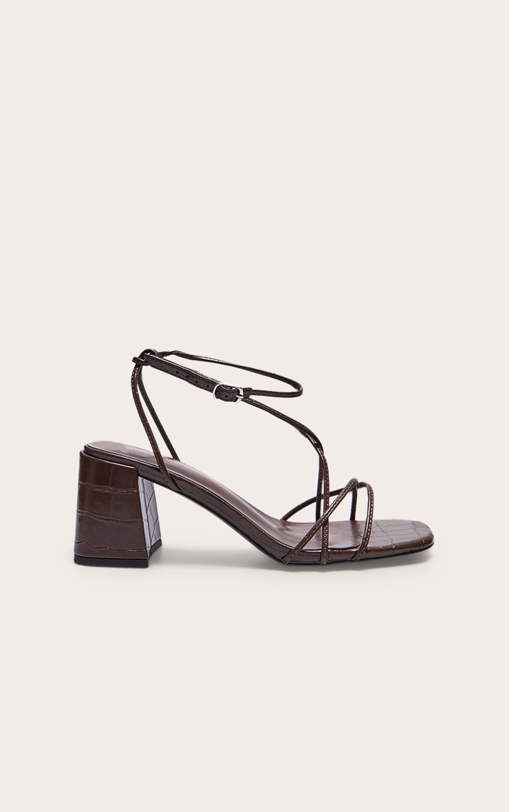 Chocolate Croc PU Round Toe Strappy Mid Block Heeled Sandals image 2