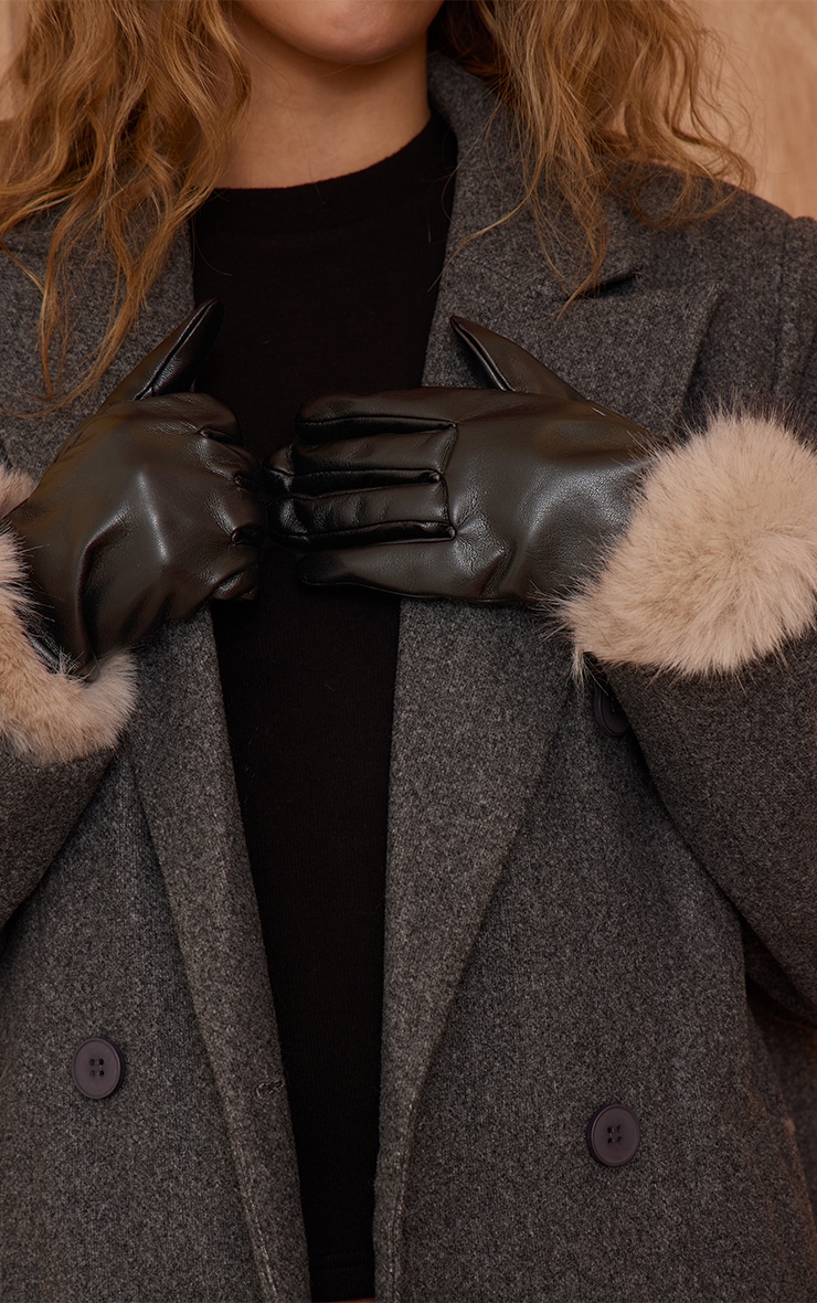 Black Contrast Fur Trim Gloves image 1