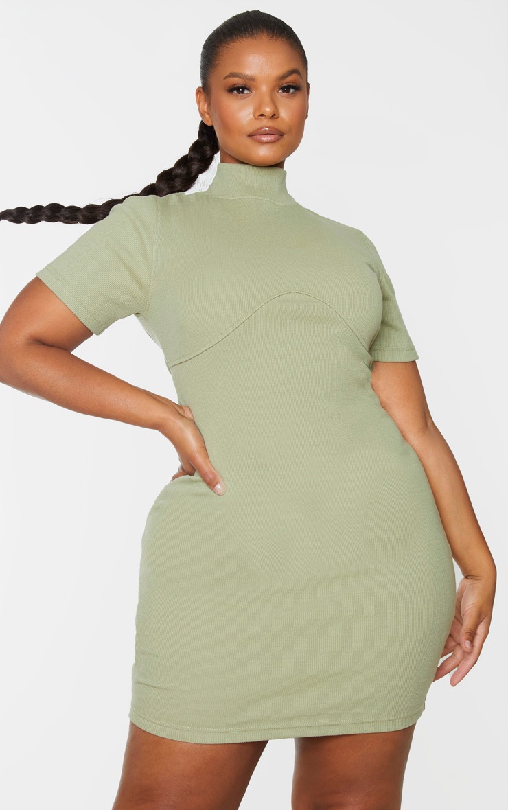 Plus Sage Green Thick Rib Bust Detail Bodycon Dress