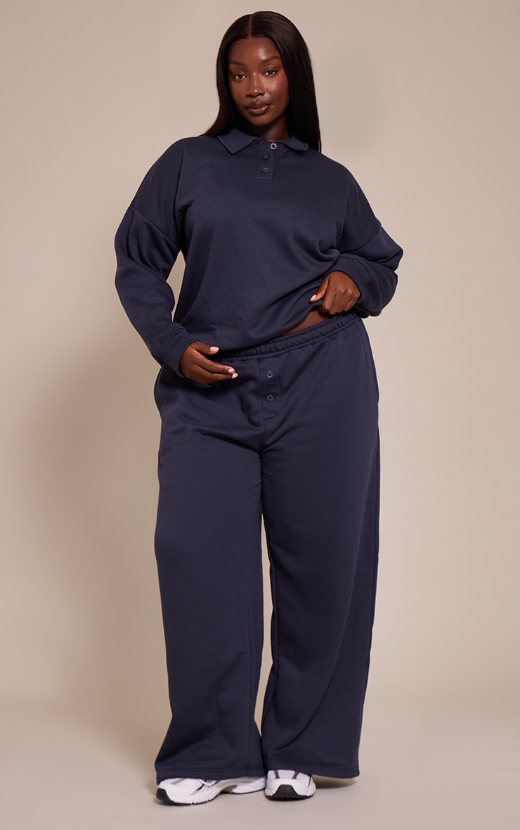 Plus Navy Button Up Long Sleeve Polo Sweatshirt image 3
