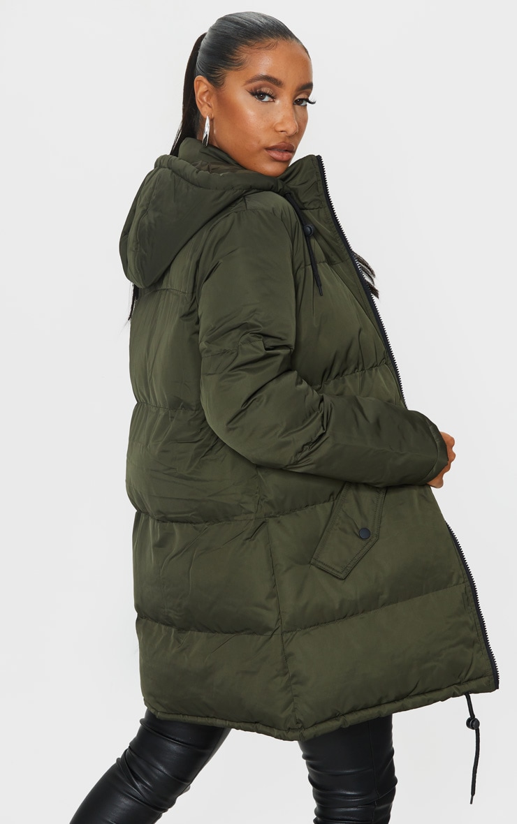 Khaki Hooded Longline Puffer Coat PrettyLittleThing KSA