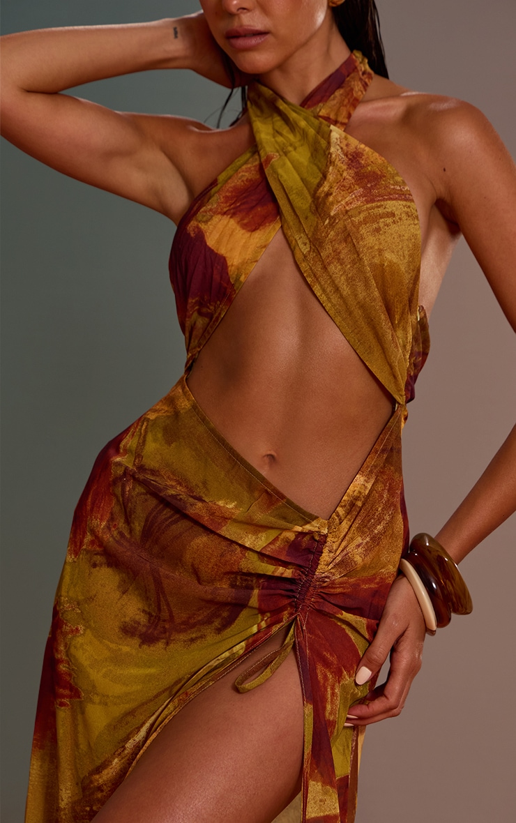 Green Abstract Print Halter Neck Chiffon Maxi Beach Dress image 4