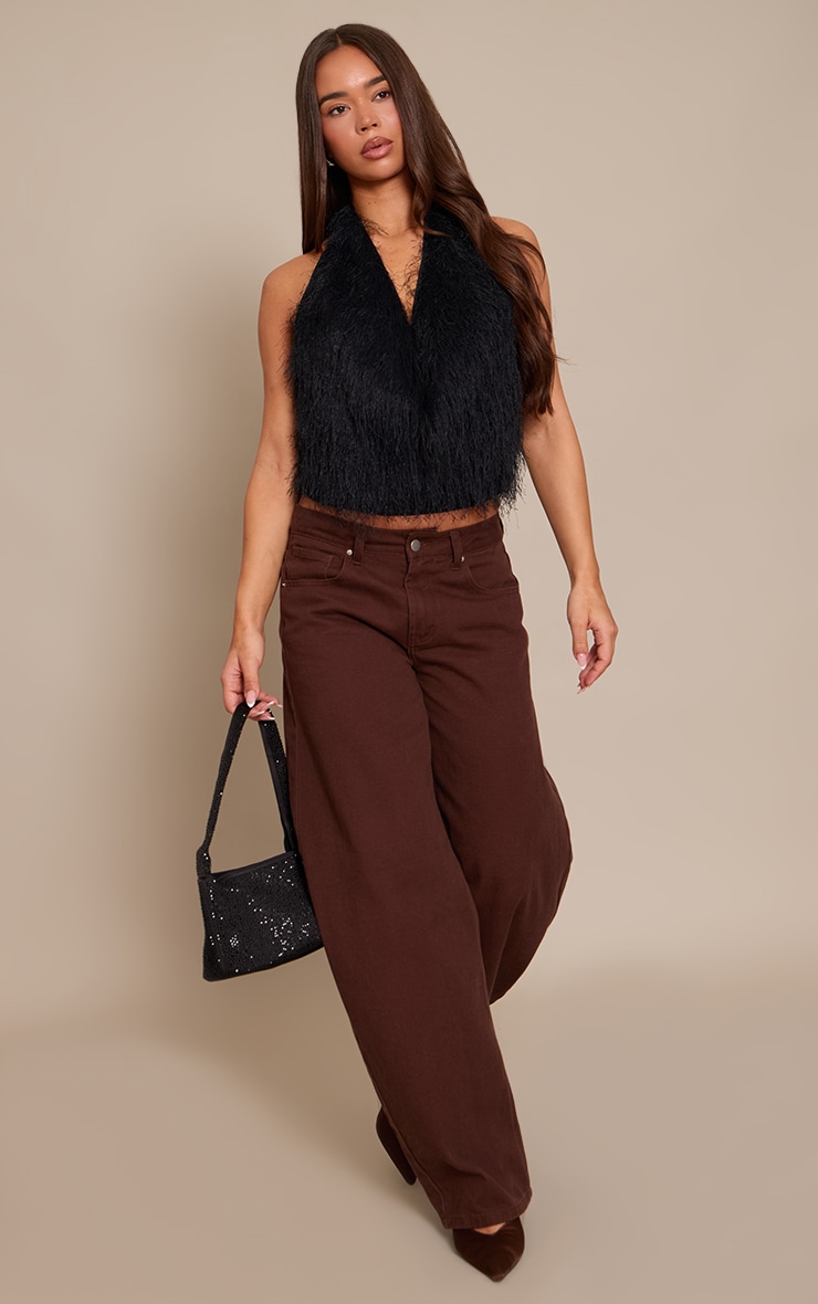 BLack Textured Faux Fur Cowl Neck Top image 3