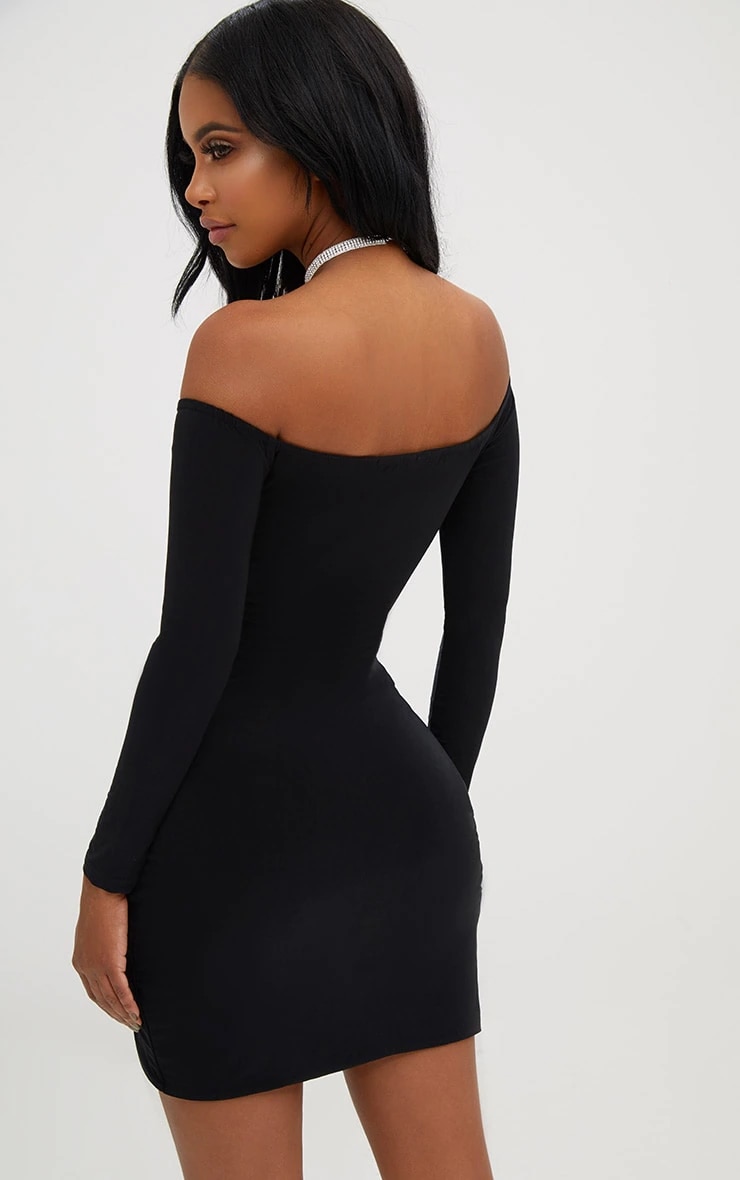 Shape Black Ruched Bardot Bodycon Dress image 2