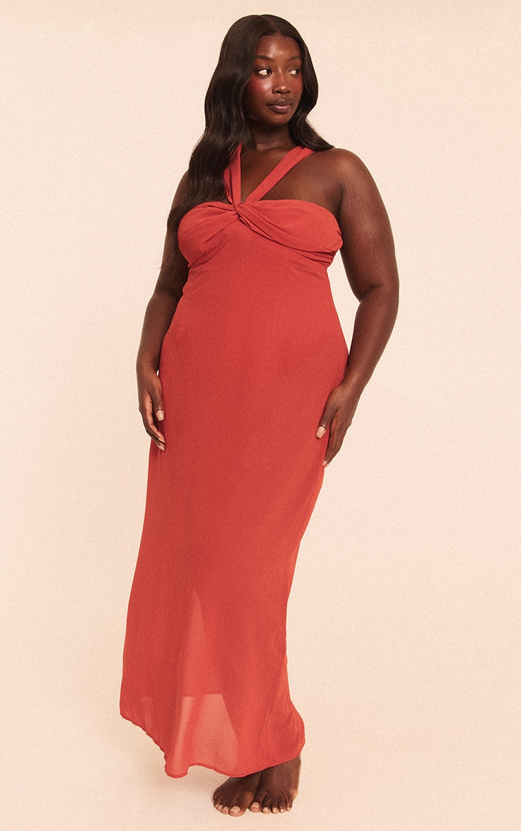 Plus Rust Ruched Chiffon Maxi Beach Dress image 3