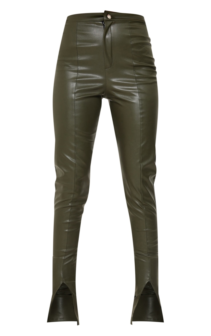 Tall Khaki PU Skinny Split Hem Trousers image 5