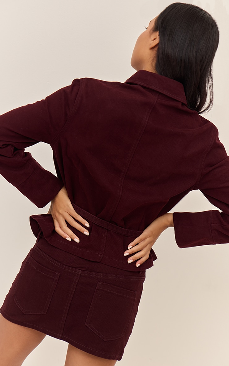Burgundy Concealed Placket Crop Belted Denim Jacket image 2