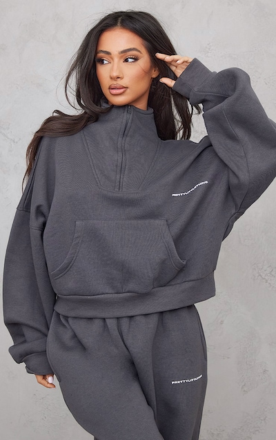 PRETTYLITTLETHING Petite Charcoal Oversized Half Zip Sweat