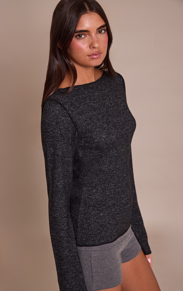 Charcoal Soft Knit Straight Neck Long Sleeve Top image 4
