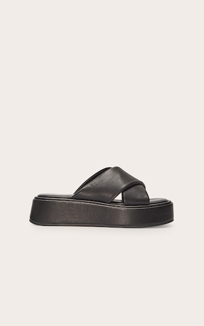 Sandales plates rondes en PU noir à brides croisées