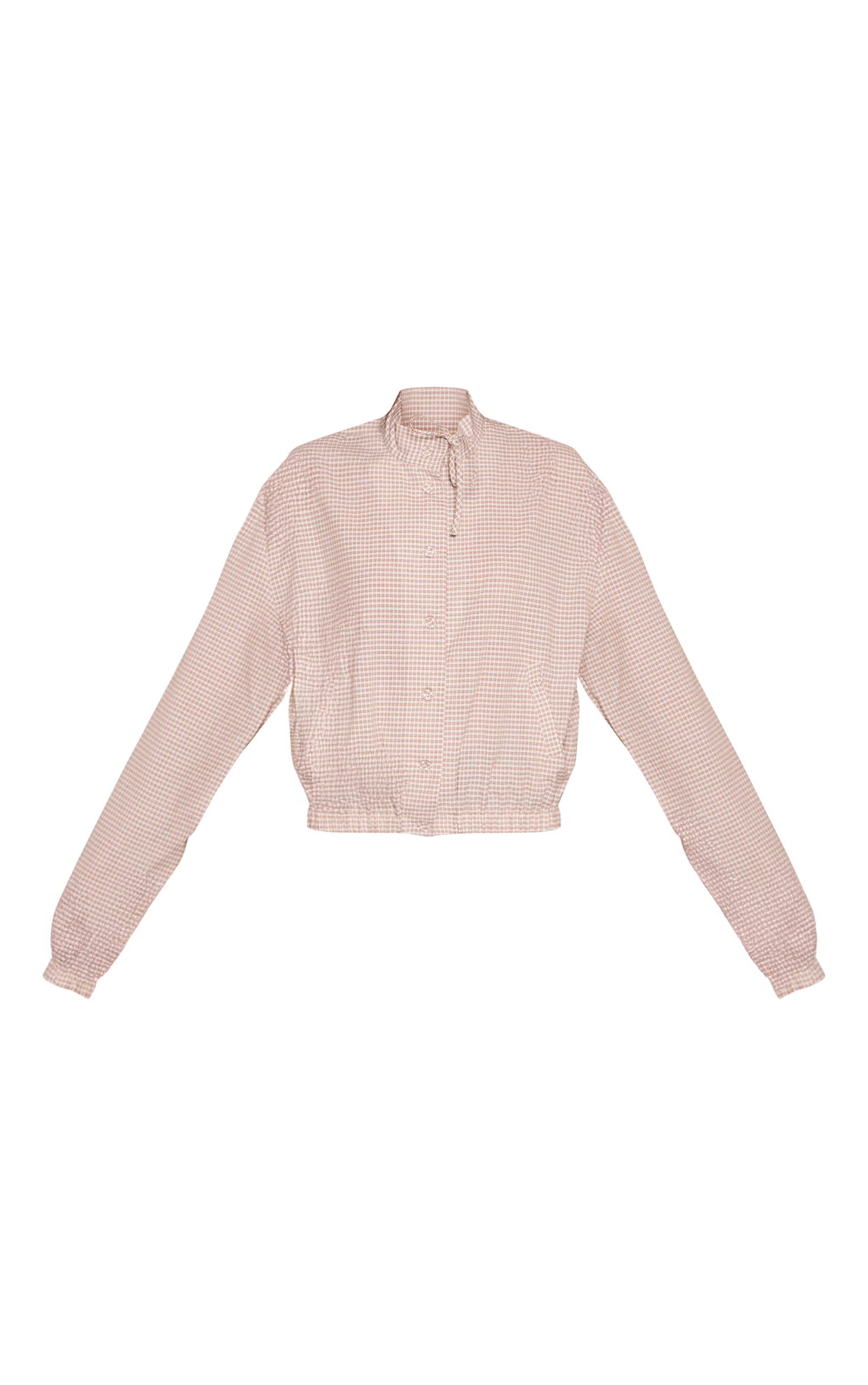 Cream Checked Funnel Neck Tie Detail Long Sleeve Shirt image 5