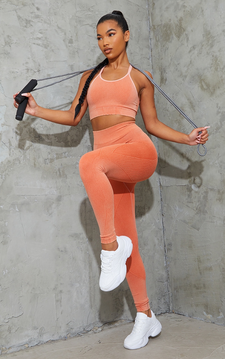 Brassière de sport sans coutures orange délavé côtelée image 3