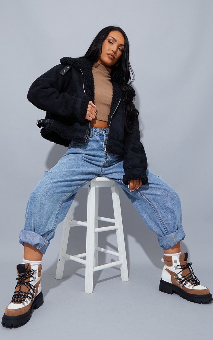 Black Faux Suede Cuff Detail Cropped Aviator image 3