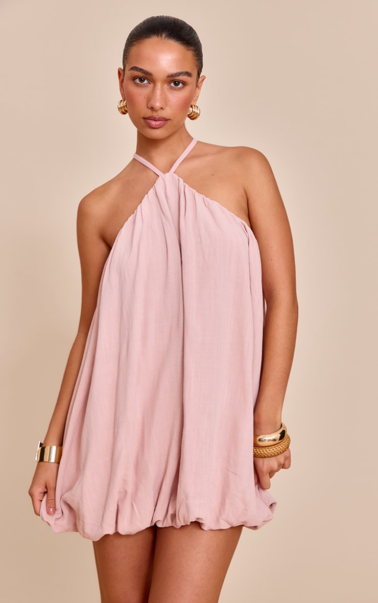Robe bouffante en effet lin texturé rose pâle à dos nu image 1