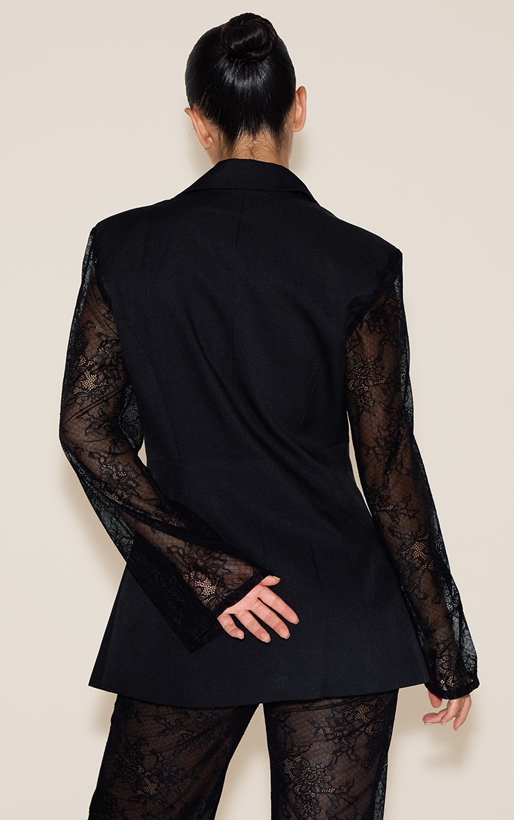 Black Woven Sheer Lace Panel Blazer image 2