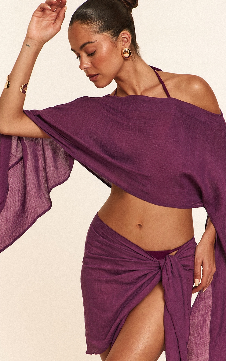 Purple Linen Look Drape Shoulder Top image 4