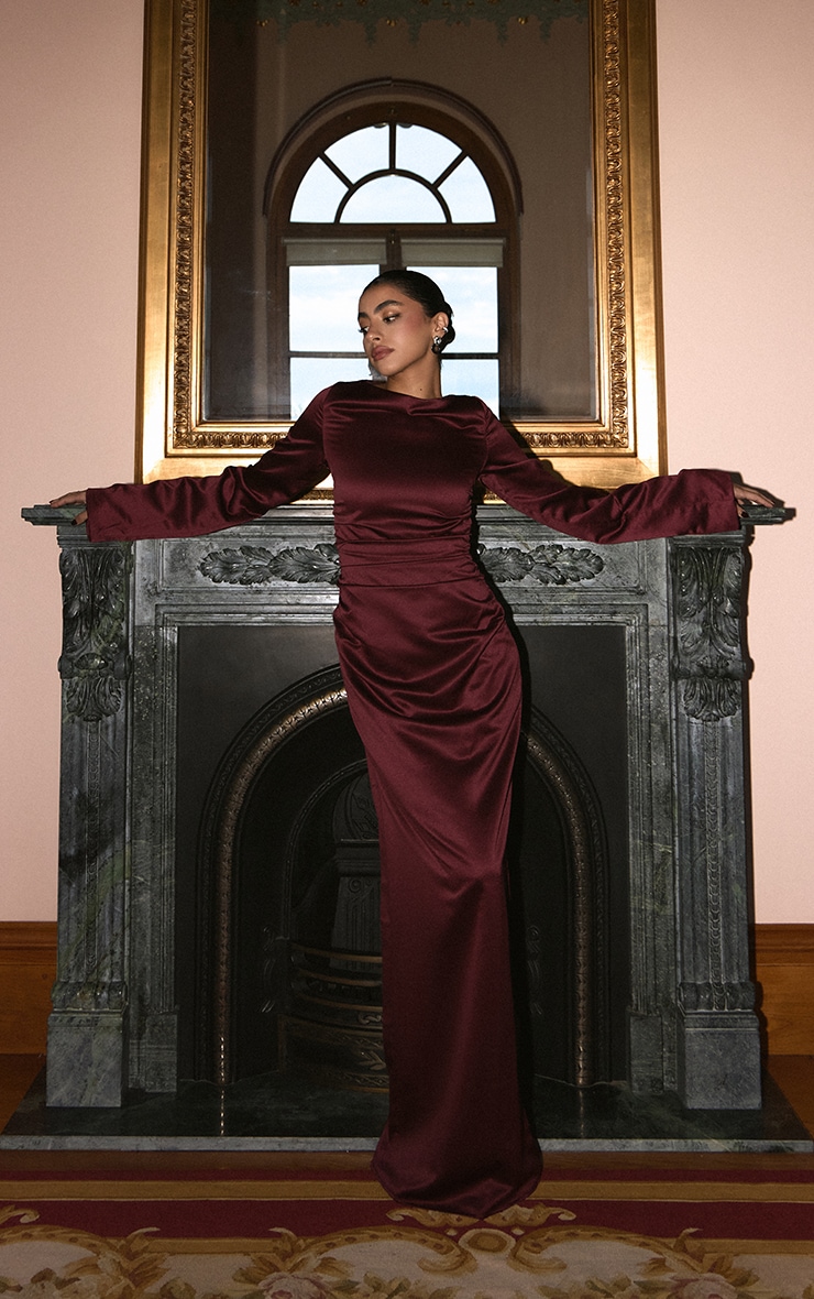 Wine Satin High Neck Flared Sleeve Maxi Dress