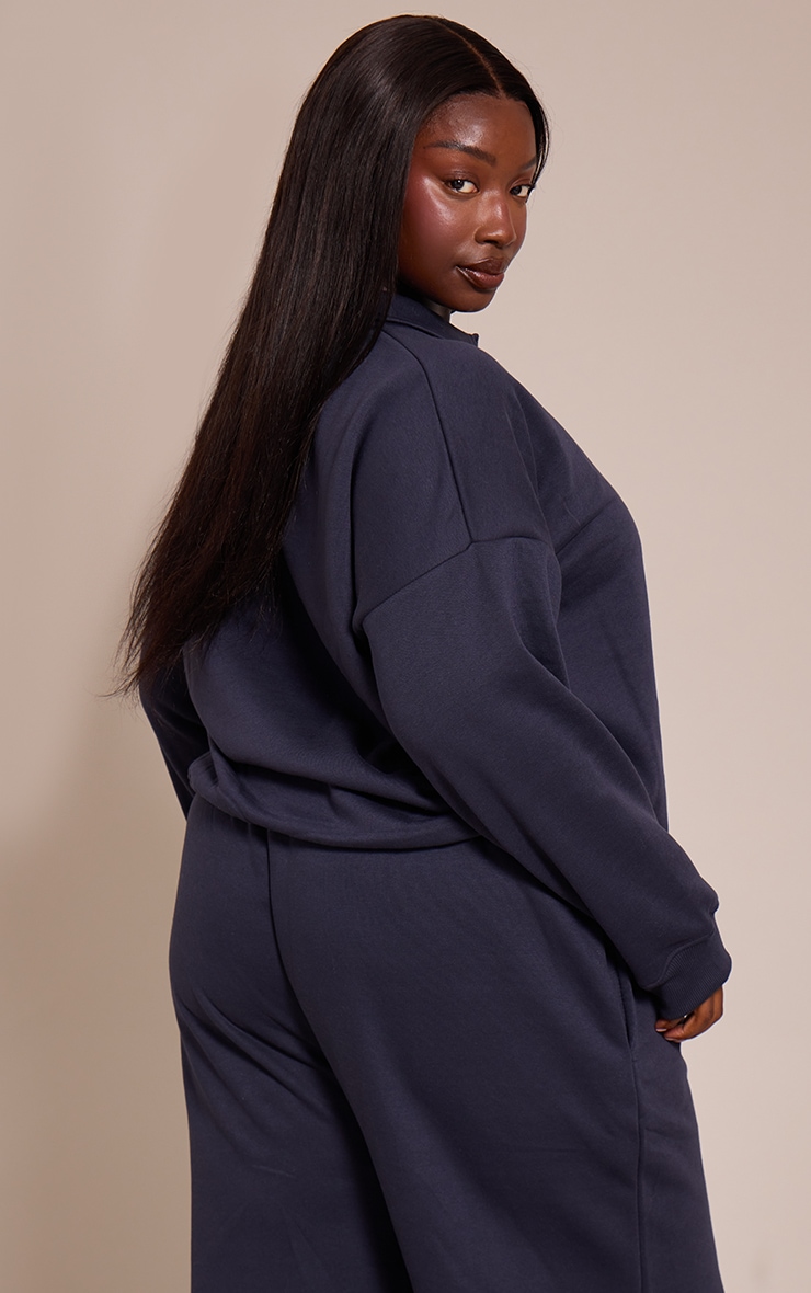 Plus Navy Button Up Long Sleeve Polo Sweatshirt image 2