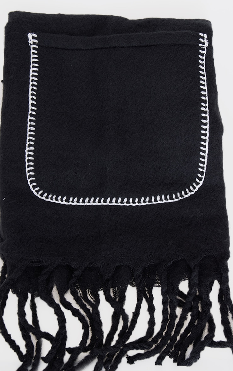 Black Pocket Stitch Detail Tassel Scarf image 2