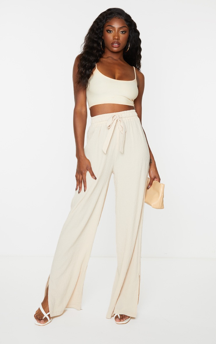Pantalon ample gris pierre texturé à cordons ajustables à la taille