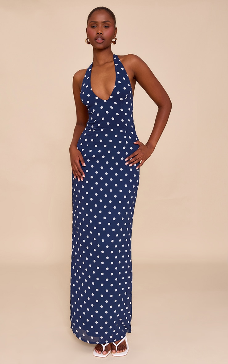 Navy And White Chiffon Polka Dot Printed Plunge Neck Maxi Dress image 1