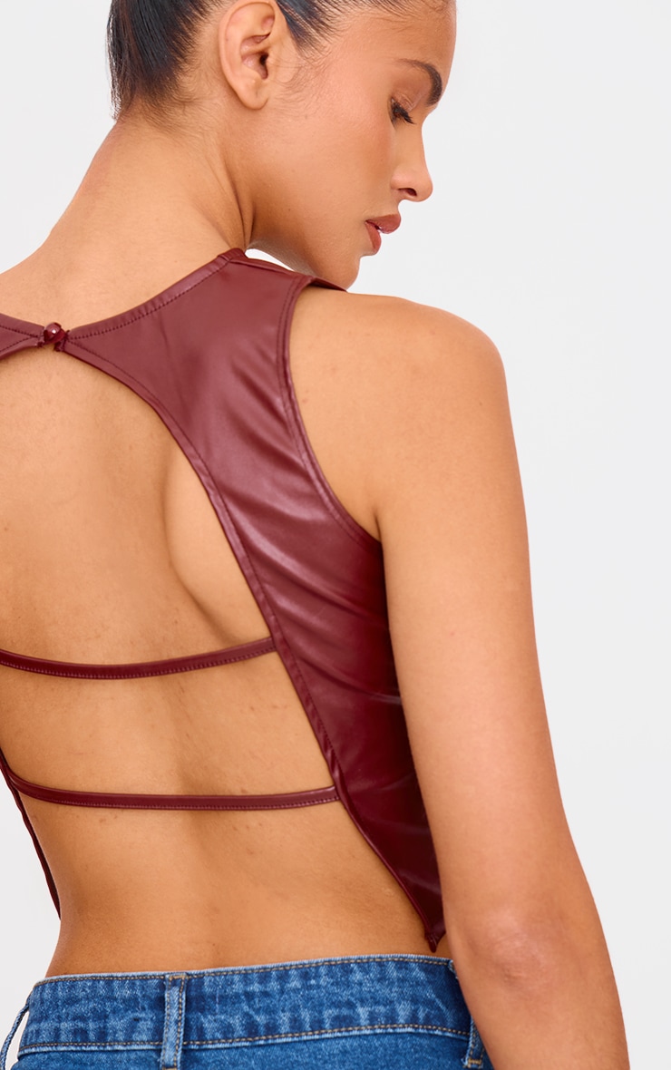 Chocolate Faux Leather Back Strap Crop Top image 4