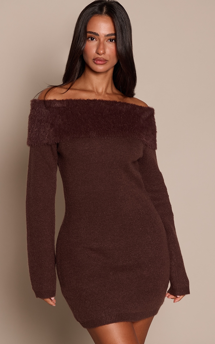 Petite Chocolate Fluffy Knit Off Shoulder Mini Dress image 1